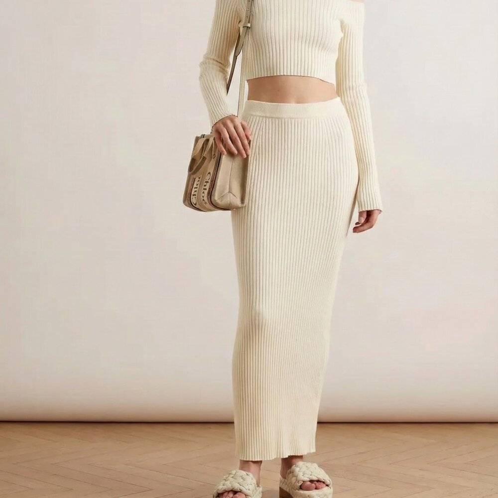 Chloe Ribbed Wool Cashmere Midi Skirt Cream White S Fluted